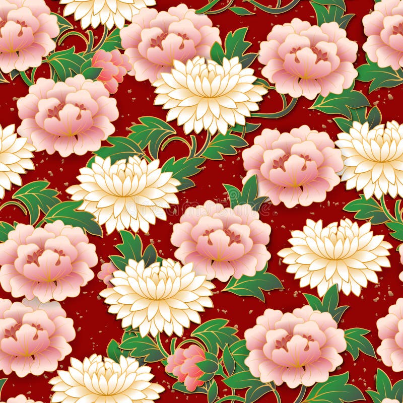 Chinese Pink Flower and Spiral Cloud Seamless Pattern Background Stock ...