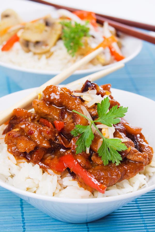Chinese Pork Meat with Rice Stock Photo - Image of vegetable, cooked