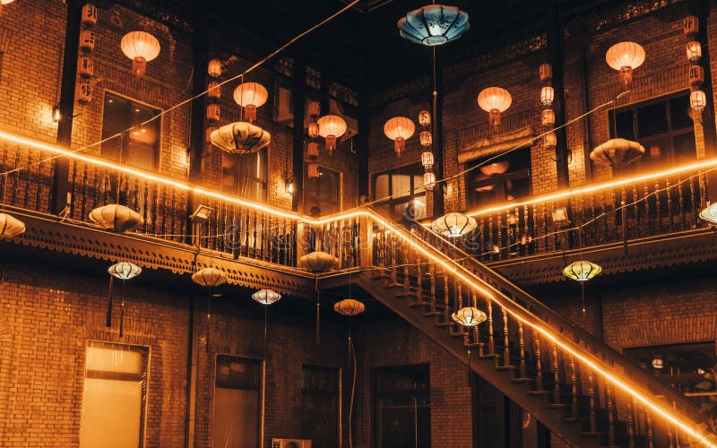 Chinese Restaurant with Lanterns and Stairs with Bright Light Stock