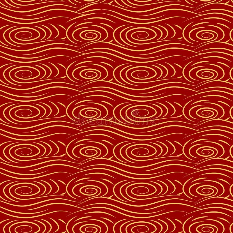 Chinese Seamless Pattern Ocean Whirlpool Of Water Golden Curls On A Red Background Stock Vector Illustration Of Doodle Ocean