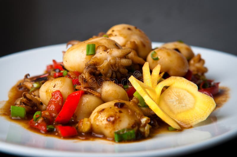 Chinese Stirfried Baby Squid Stock Image Image of cuisine, onion
