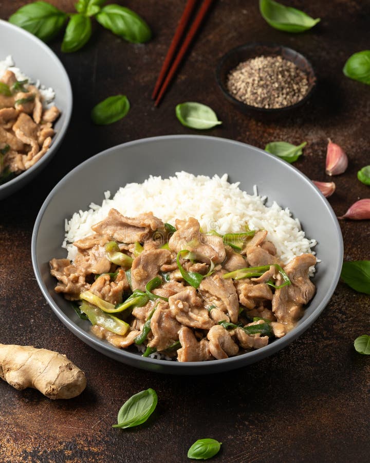 Chinese Stir Fry Pork with Ginger Sauce, Garlic and Spring Onion. Asian