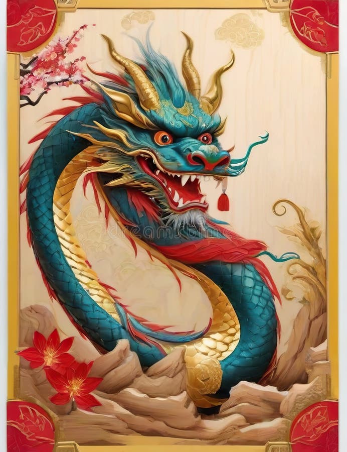 portrait view fo Chinese colorful dragon. 3d illustration. (ai generated)  Stock Illustration