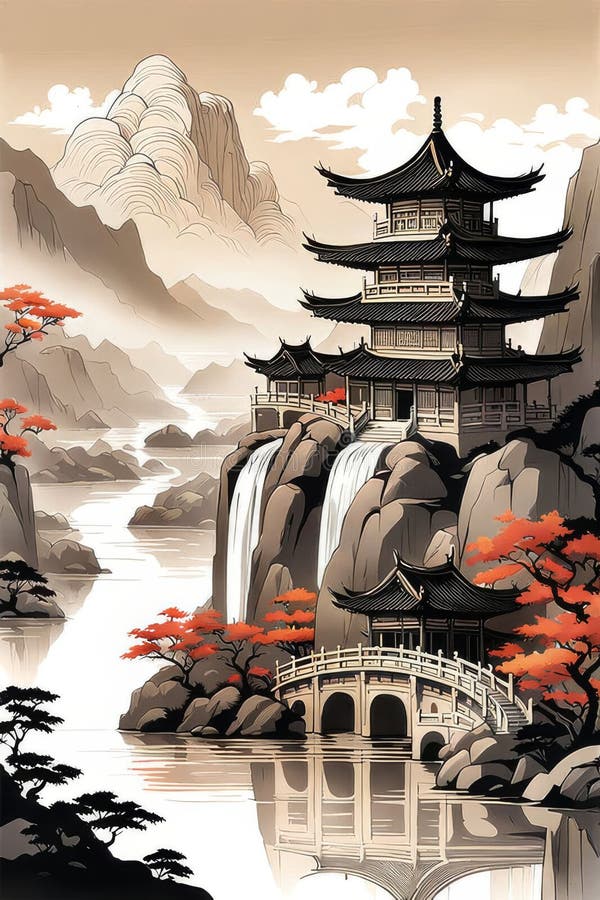 A Chinese Style Landscape Painting Keywords Stock Illustration Illustration of drawing