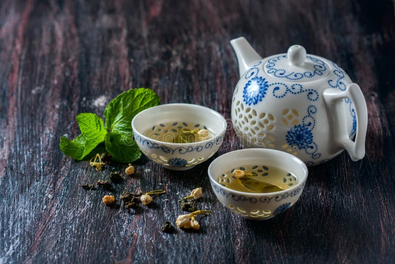 Chinese Tea Set, Green Tea and Fresh Mint. Stock Image Image of