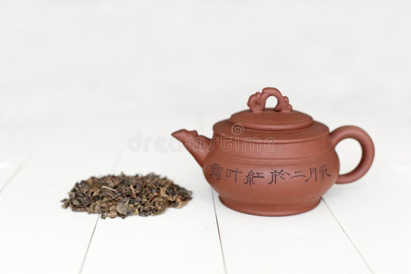 Chinese Teapot and Pile of Green Tea Stock Photo Image of china