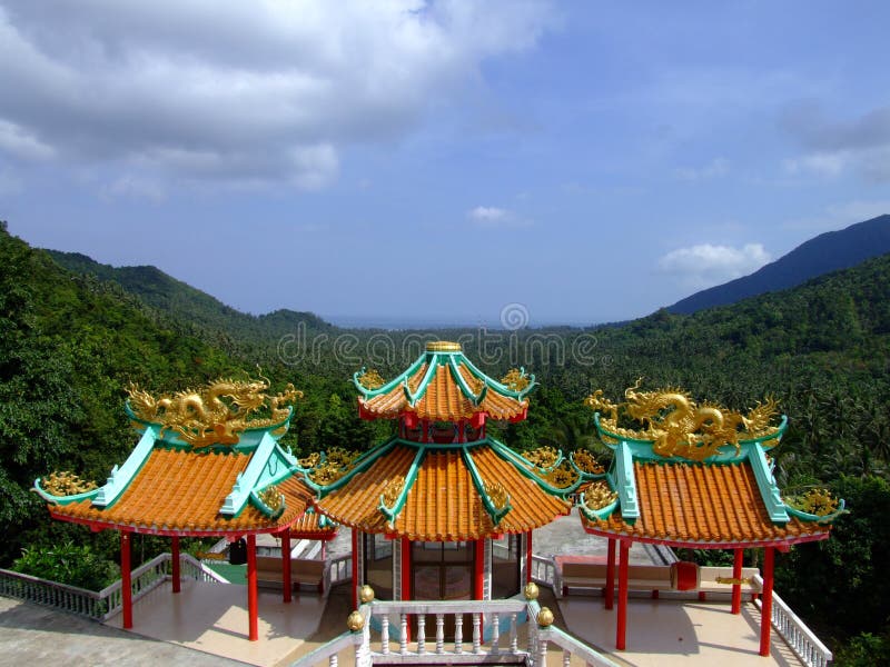 Chinese temple above jungle landscape.