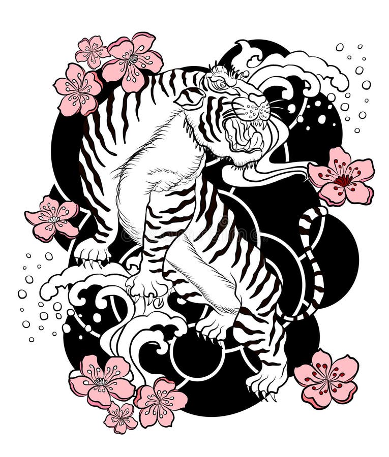 Chinese Tiger with Cherry Blossom and Japanese Wave for Tattoo Design.  Stock Vector - Illustration of drawn, collection: 170055009