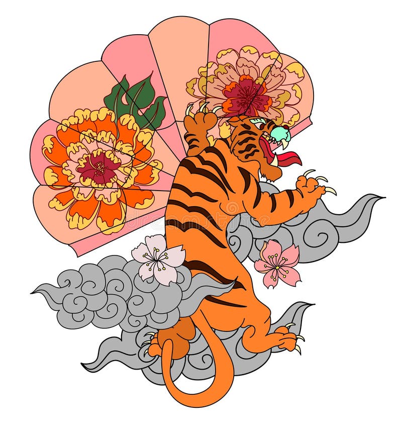 Chinese Tiger with Sakura Flower and Water Splash Tattoo.Illustration ...