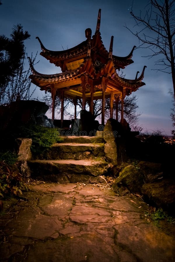 Chinese Tower Garden Building Temple Stuttgart Night Time Glowing Fantasy Park Outdoors Path Rocks Water Sunset Moon