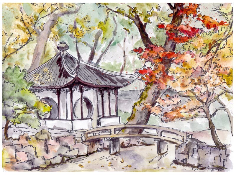 Chinese tuin met brug en pagodepaviljoen in Suzhou, China stock illustratie Chinese tuin met brug en pagodepaviljoen in Suzhou, China stock illustratie