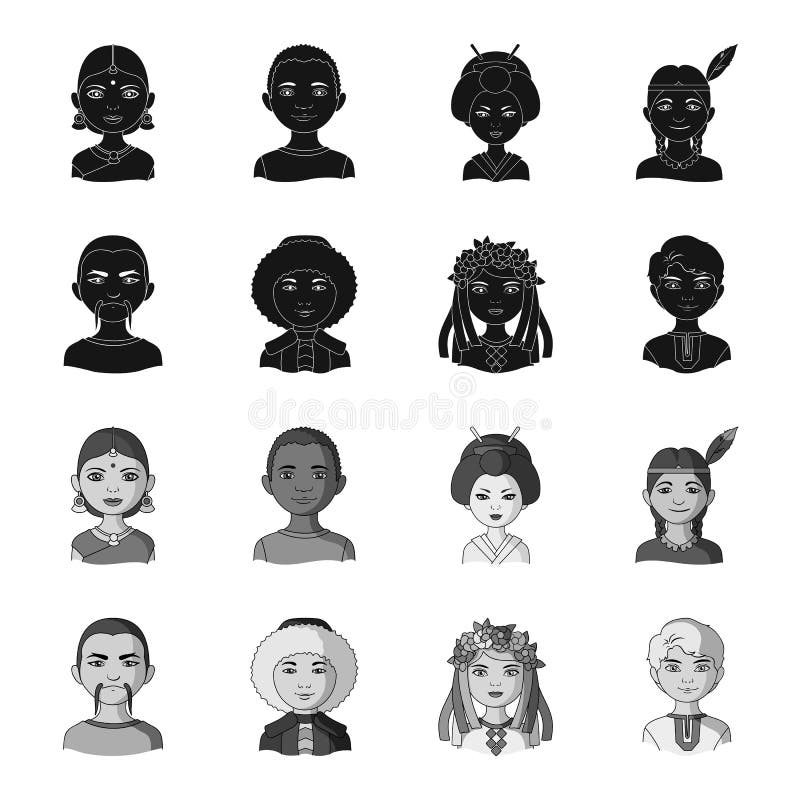 Chinese, ukrainian, russian, eskimo. Human race set collection icons in black,monochrome style vector symbol stock stock illustration Chinese, ukrainian, russian, eskimo. Human race set collection icons in black,monochrome style vector symbol stock stock illustration