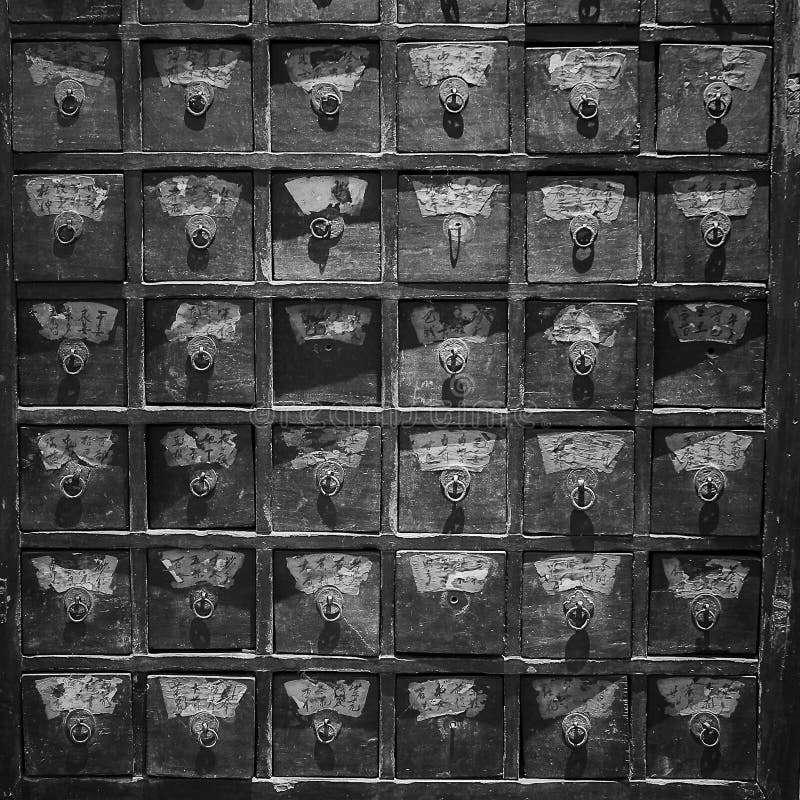 Chinese Vintage Pharmacy Cabinet As Background Black White Photo