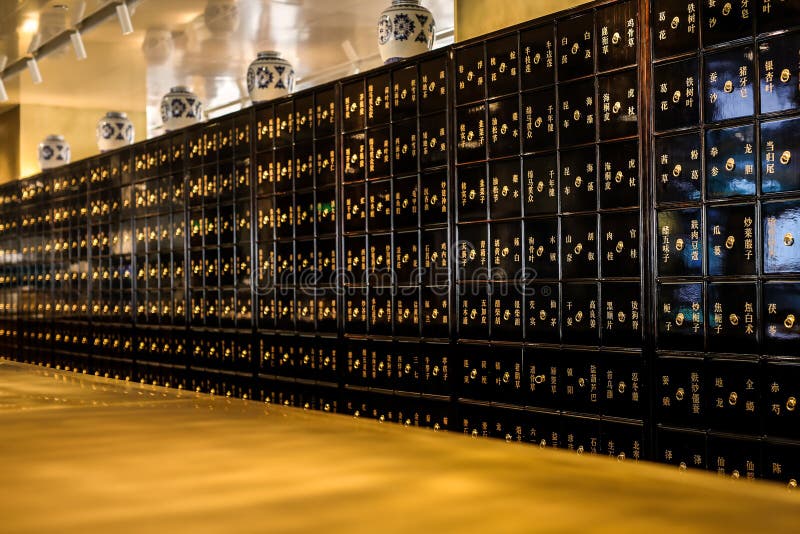 Chinese Vintage Pharmacy Cabinet As Background Close Up Editorial