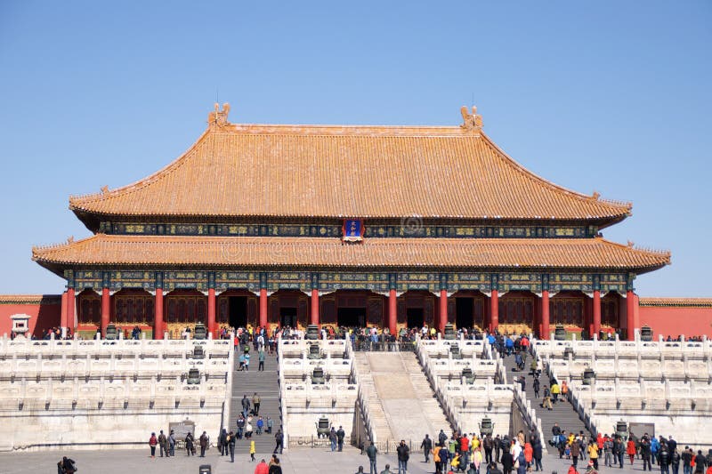 Chinese Visitors And Tourists Walking In Front Of The Hall Of Supreme Harmony In The Forbidden City In Beijing, China