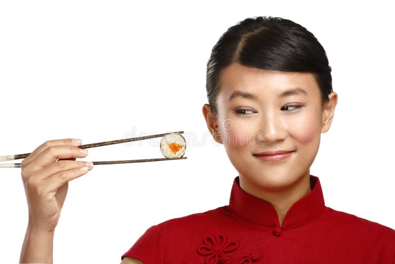 Chinese woman showing asian food using chopstick on white. Chinese woman showing asian food using chopstick on white