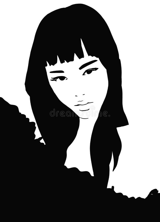 Chinese woman. Face asian lady. Illustration black an white fashion model