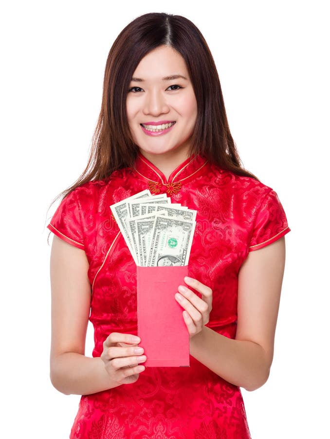 Chinese woman hold lucky money with USD