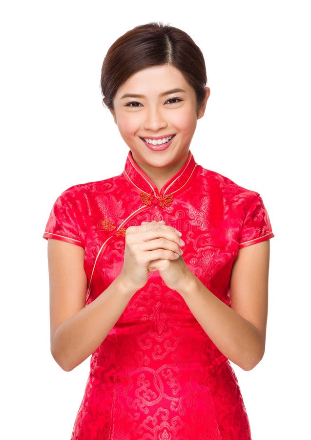 Chinese Woman with Lunar New Year Greeting Stock Photo Image of