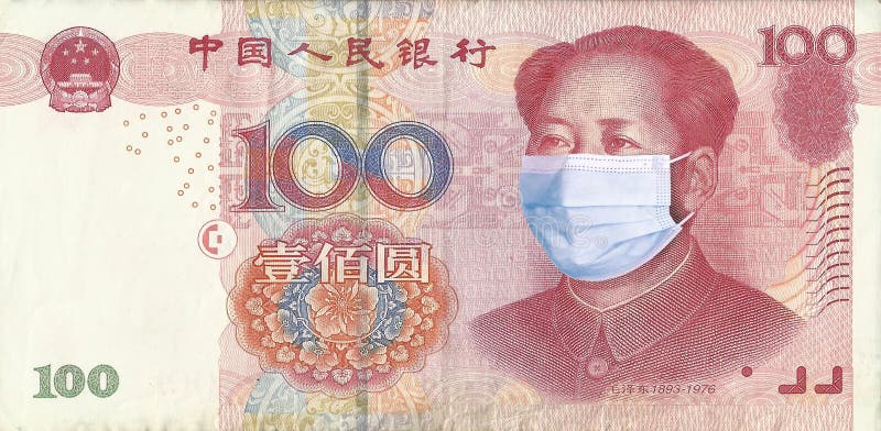 Chinese Yuan with Mao Zedong in a medical mask. Coronavirus COVID-19 epidemic concept. World financial crisis. Economy and financial markets affected by corona virus outbreak and pandemic fears