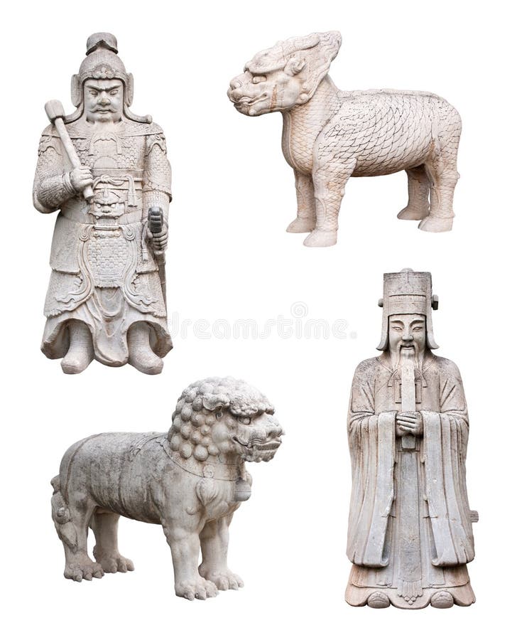 Chinese statues from the Ming Dynasty, isolated on white. Pictured here are mythical animals such as the Chinese Unicorn and Dragon or Lion. Included in the imperial king and an army soldier. Each statue is carved from stone and is located on the Sacred Walkway by the Ming Dynasty Tombs outside of Beijing, China. This is a popular tourist attraction for people on vacation or holiday and visiting and travel to the orient or far east. Chinese statues from the Ming Dynasty, isolated on white. Pictured here are mythical animals such as the Chinese Unicorn and Dragon or Lion. Included in the imperial king and an army soldier. Each statue is carved from stone and is located on the Sacred Walkway by the Ming Dynasty Tombs outside of Beijing, China. This is a popular tourist attraction for people on vacation or holiday and visiting and travel to the orient or far east.