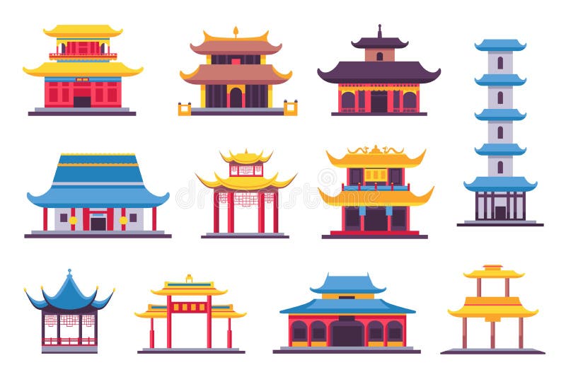 Chinesische und japanische Flachbauten antike Tempelpagode und Schrein. asiatische alte Architektur im traditionellen Stil vektor abbildung