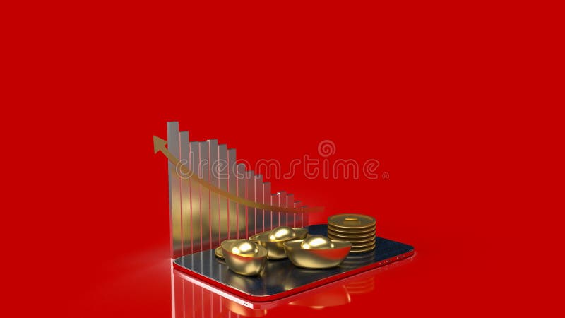 Chinesisches Gold und Tablet auf rotem Hintergrund für das Geschäftskonzept 3d Rendering stock abbildung