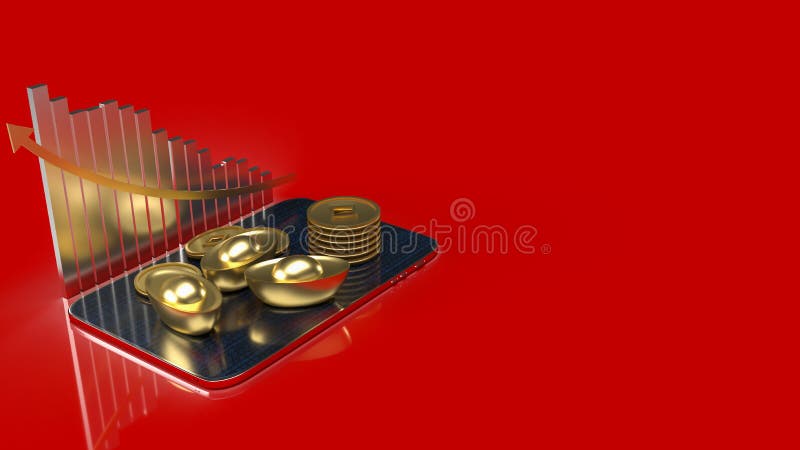 Chinesisches Gold und Tablet auf rotem Hintergrund für das Geschäftskonzept 3d Rendering vektor abbildung