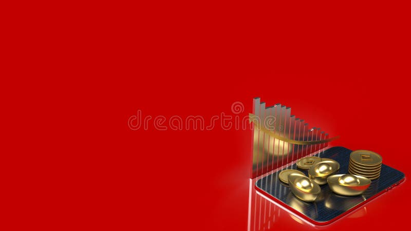Chinesisches Gold und Tablet auf rotem Hintergrund für das Geschäftskonzept 3d Rendering vektor abbildung