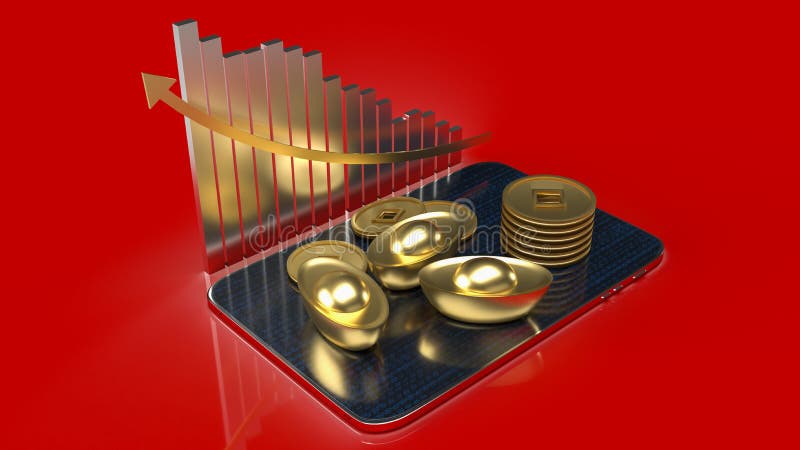 Chinesisches Gold und Tablet auf rotem Hintergrund für das Geschäftskonzept 3d Rendering stock abbildung