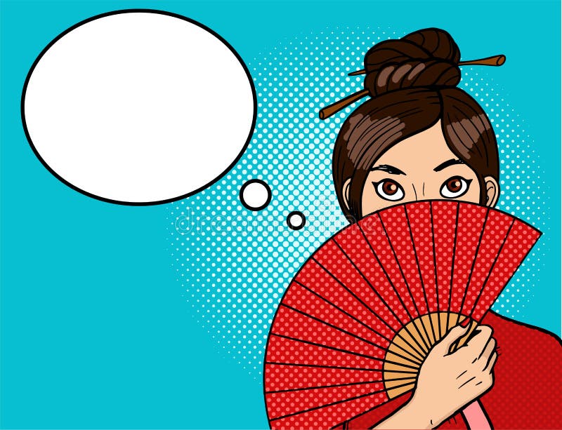 Chinesisches Mädchen in der Pop-Art Junge sexy Frau mit einem schönen Fan Essstäbchen auf dem Kopf vektor abbildung Chinesisches Mädchen in der Pop-Art Junge sexy Frau mit einem schönen Fan Essstäbchen auf dem Kopf vektor abbildung