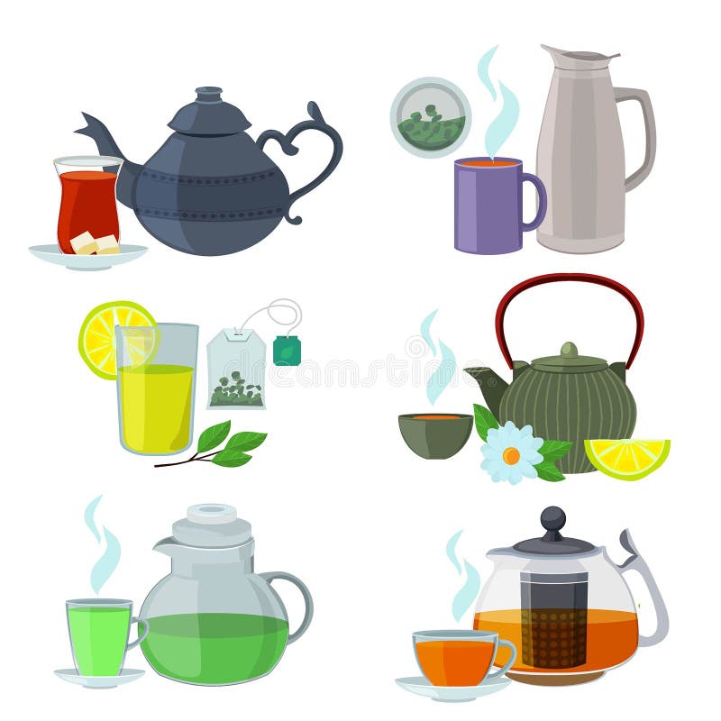 Chinesse, english and other different types of tea. Vector set isolate on white vector illustration Chinesse, english and other different types of tea. Vector set isolate on white vector illustration