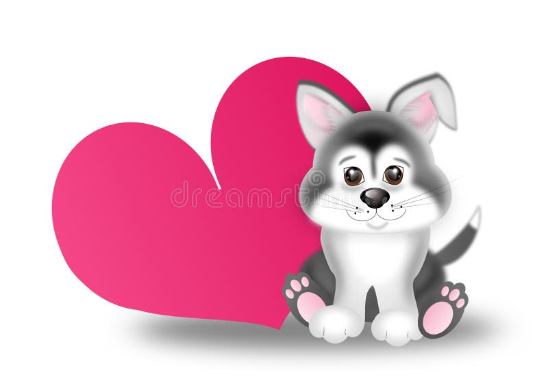 Chiot mignon de chien de traîneau sibérien avec le grand coeur rose illustration stock Chiot mignon de chien de traîneau sibérien avec le grand coeur rose illustration stock