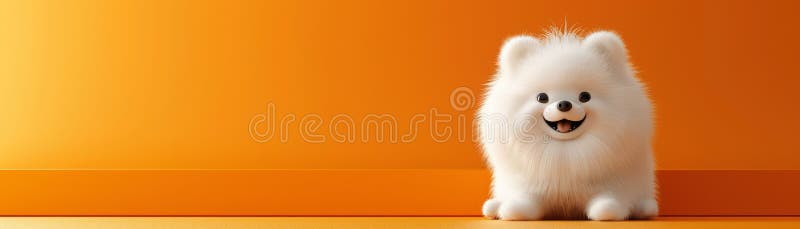 Chiot poméranien blanc moelleux sur fond orange vif en studio portrait petit chien mignon souriant adorable animal illustration de vecteur