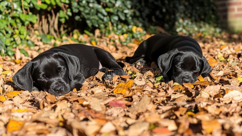 Chiots noirs se reposant jardin de feuilles d'automne images stock