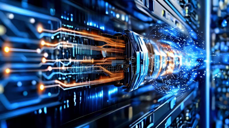 Chip de circuito futurista con elementos de ai brillantes e interacción cuántica stock de ilustración