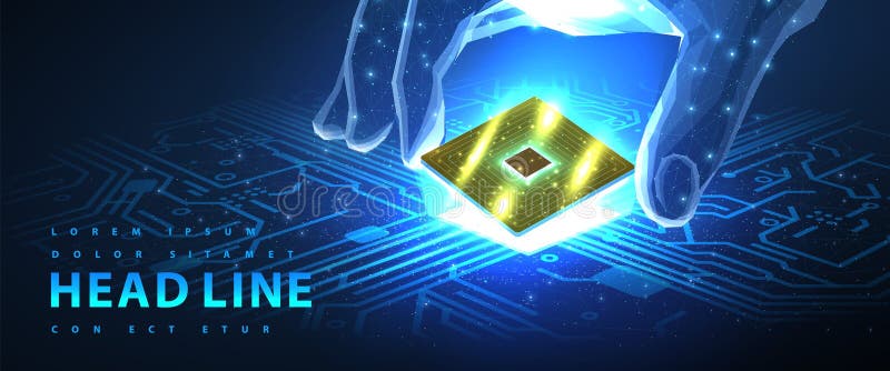 Chip per computer. microprocessore in modalità digitale a mano su scheda di circuito. illustrazione vettoriale