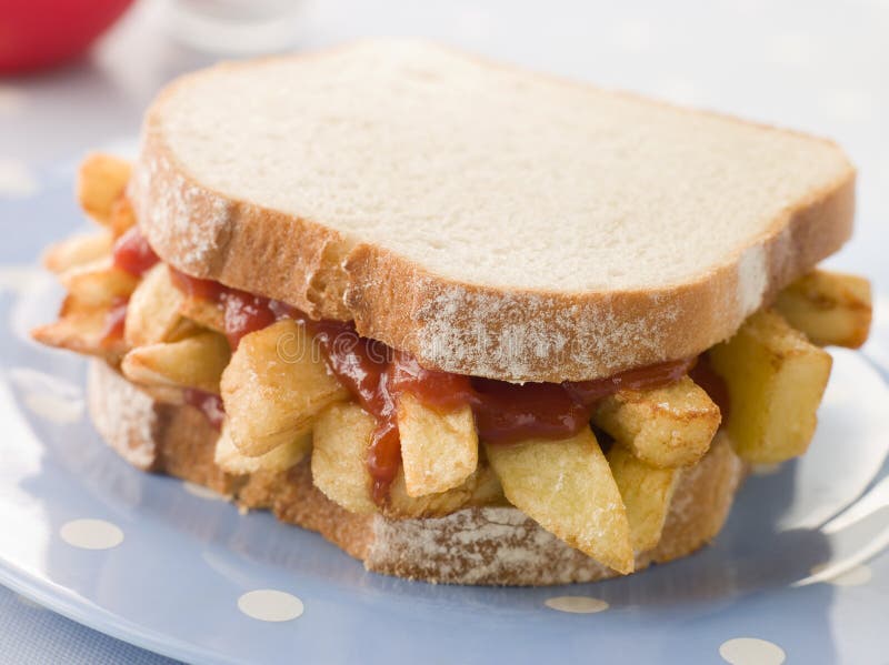 Chip Sandwich On White Bread With Tomato Ketchup Stock Photo Image of