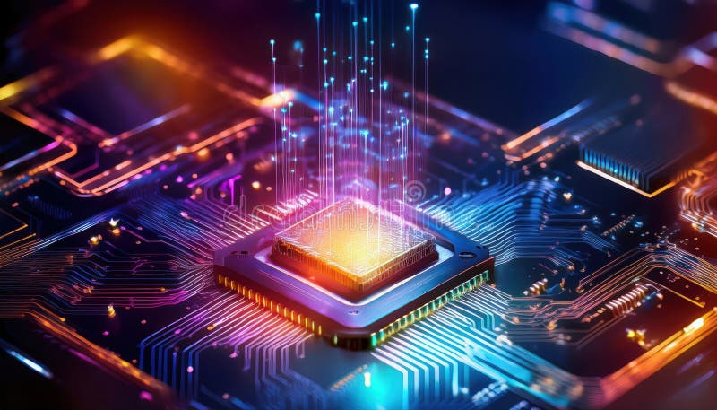 Chip επεξεργαστή στο κύκλωμα με ολογραφική ροή δεδομένων που αναπαριστά την αποδοτικότητα και τη σύγχρονη τεχνολογία απεικόνιση αποθεμάτων
