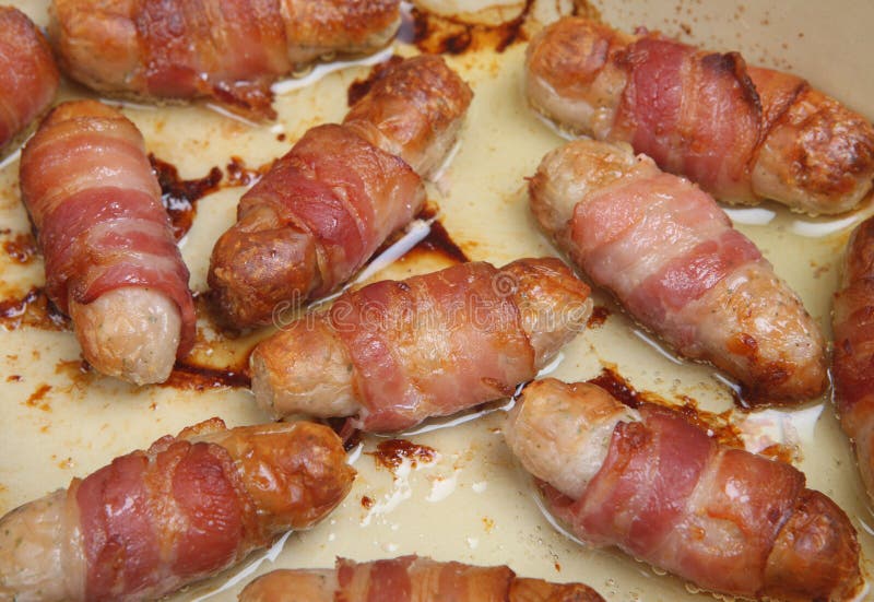 Chipolata Sausages in Bacon Baked Stock Photo Image of fried