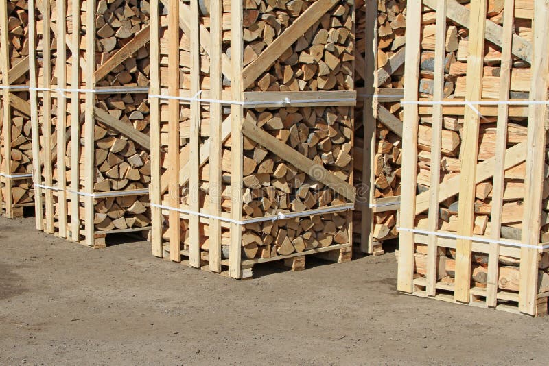 Chipped fire wood in packing on pallets