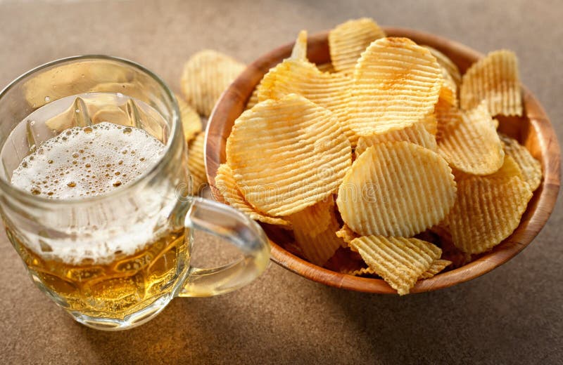 Chips and Beer on a Wooden Table Stock Image Image of fast