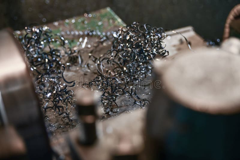 Chips on a Lathe in the Processing of Metal Products Stock Photo