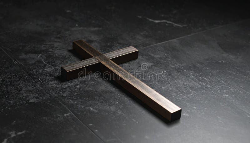 Chirstisches Kreuz oder Kruzifix auf dunklem Steinboden stock abbildung