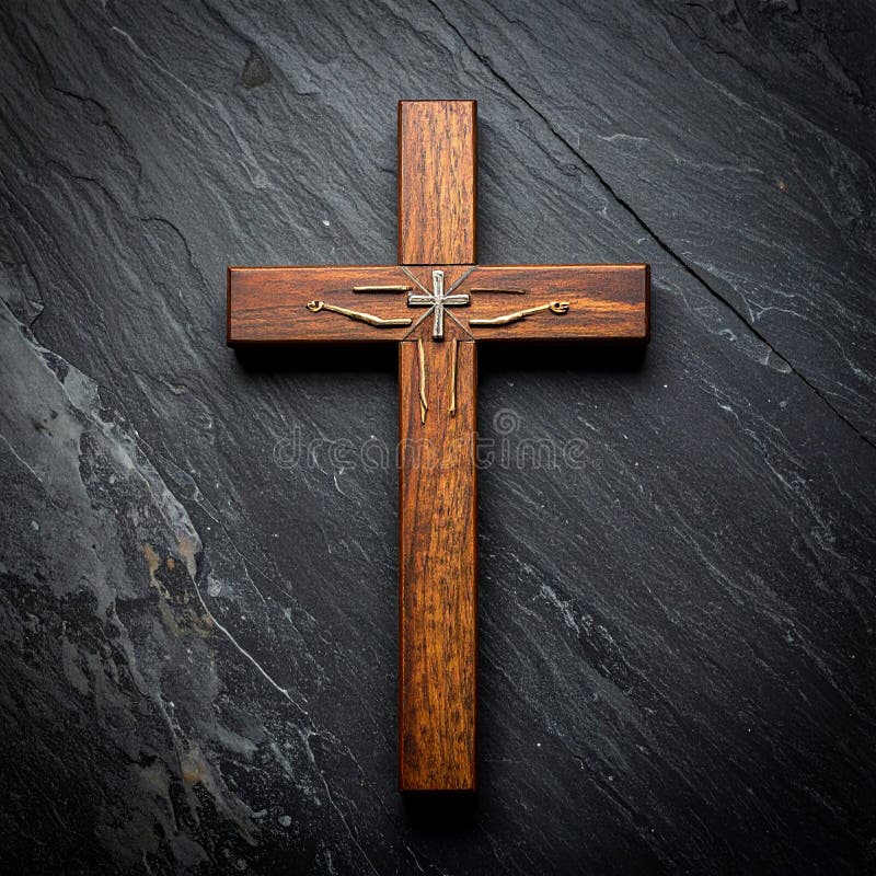 Chirstisches Kreuz oder Kruzifix auf dunklem Steinboden stock abbildung