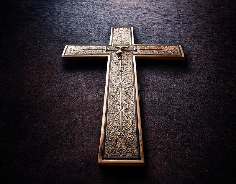 Chirstisches Kreuz oder Kruzifix auf dunklem Steinboden stock abbildung
