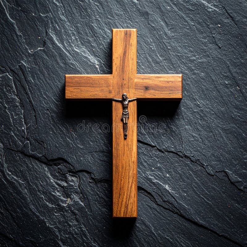 Chirstisches Kreuz oder Kruzifix auf dunklem Steinboden stock abbildung