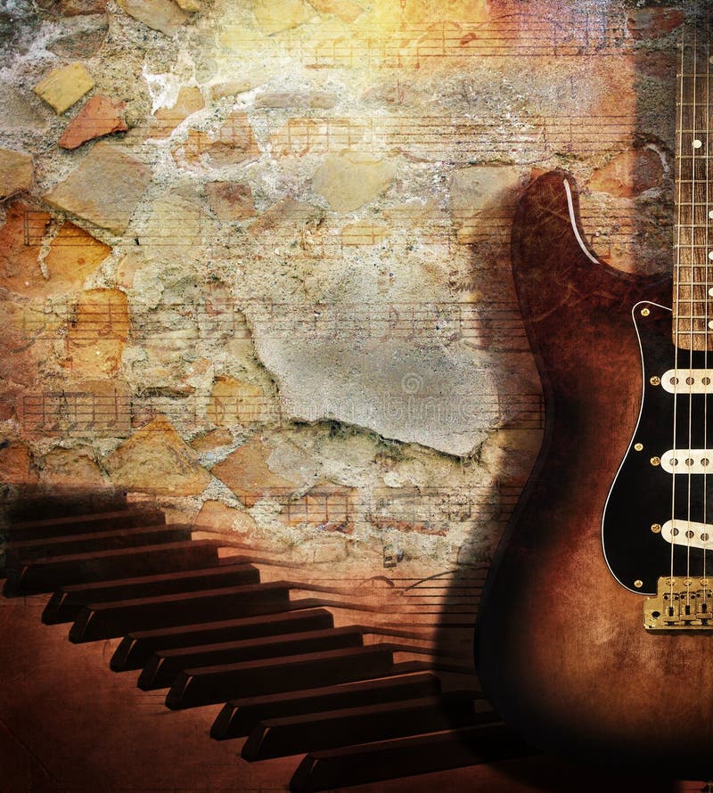 Chitarra e piano sul muro di mattoni royalty illustrazione gratis Chitarra e piano sul muro di mattoni royalty illustrazione gratis