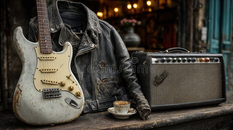 Chitarra elettrica ad onda con giubbotto di cuoio e amplificatore in locali di cucina royalty illustrazione gratis