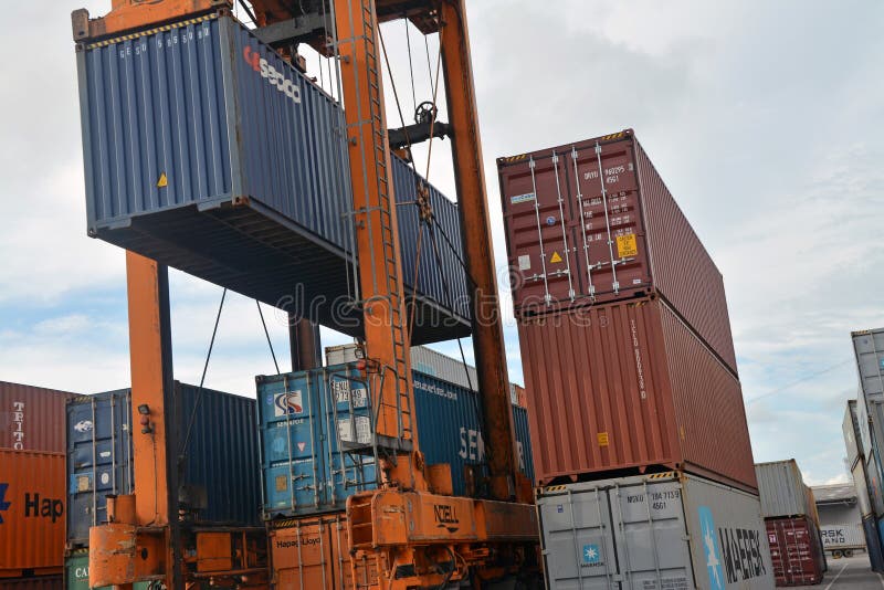 Inside of chittagong port yard and container handling from ship. loading unloading photographs. stock images